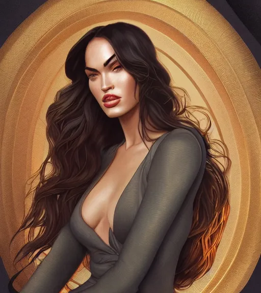 Prompt: megan fox wearing a golden dress, grey hair, red necktie, cinematic, stunning, highly detailed, digital painting, artstation, smooth, hard focus, full body shot, illustration, art by artgerm and greg rutkowski and alphonse mucha