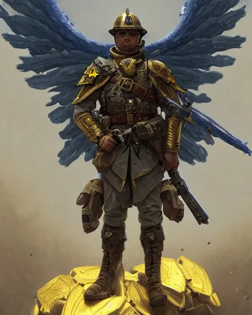 Image similar to A military soldier with angel wings with a blue and yellow flag behind him is standing on a pile of skulls in triumph after the battle, D&D, fantasy, intricate, elegant, highly detailed, digital painting, artstation, concept art, matte, sharp focus, illustration, hearthstone, art by Artgerm and Greg Rutkowski and Alphonse Mucha