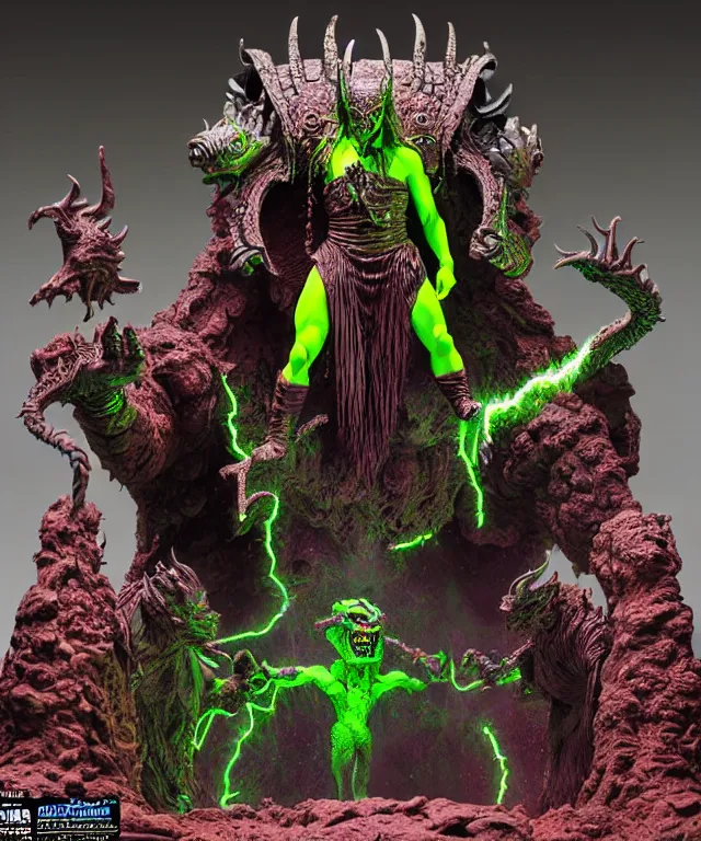 Prompt: a hyperrealistic rendering of an epic boss fight against an ornate supreme dark overlord by art of skinner and richard corben, product photography, mountain nightmare castle playset, collectible action figure, sofubi, neon color