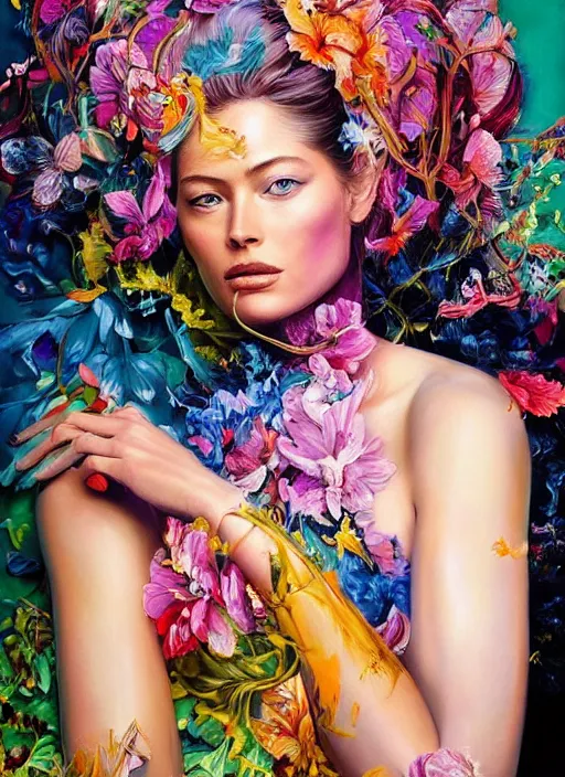 Image similar to beautiful painting of doutzen kroes, contemporary, colorful acrylic, airbrush painting, realistic portrait by kehinde wiley and archan nair [ hyperrealism ]!!!!!!!