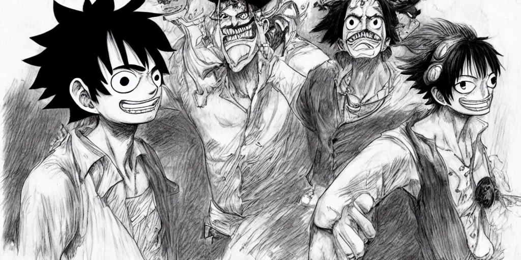 Image similar to [ luffy mustache ] ( by kim jung gi ) ( by kentaro miura )