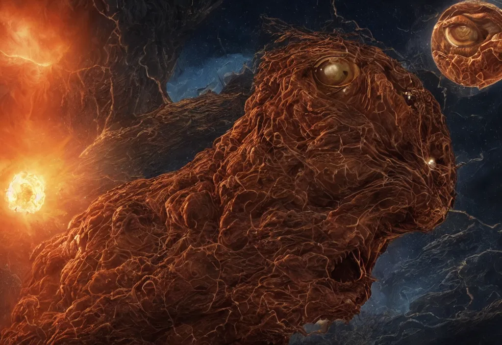 Image similar to eldritch horror bloody garfield in space, hd, 8 k, giant, epic, realistic photo, unreal engine, prophecy, powerful, cinematic lighting, destroyed planet, debris, violent, sinister, ray tracing, dynamic, epic composition, dark, horrific, teeth, grotesque, monochrome drawing, hellscape, corpses, foreboding, lightning, garfield cartoon eyes