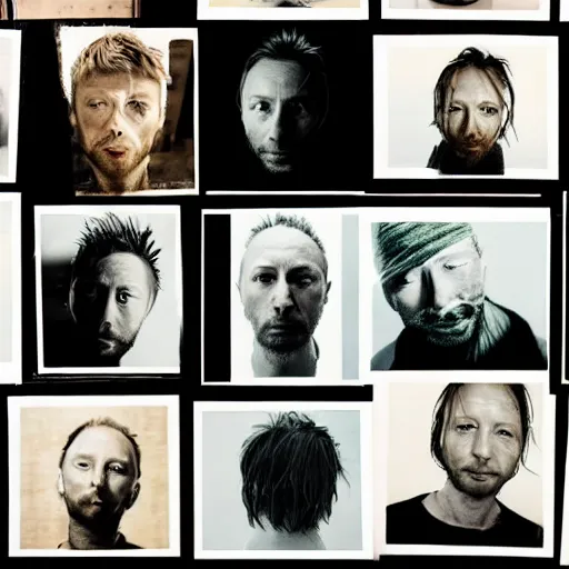 Prompt: photograph of prints of random thom yorke pictures on a table, hyper realistic, many very random variations of thom yorke, various emotions, various poses, high quality photographs, mixed styles, intricate details, diverse