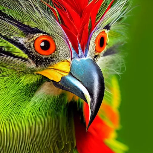 Image similar to closeup photo a bird of paradise, covered in feathers. focus on the beak. intricate eyes. extremely large wings. extreme detail, hyperrealistic photo