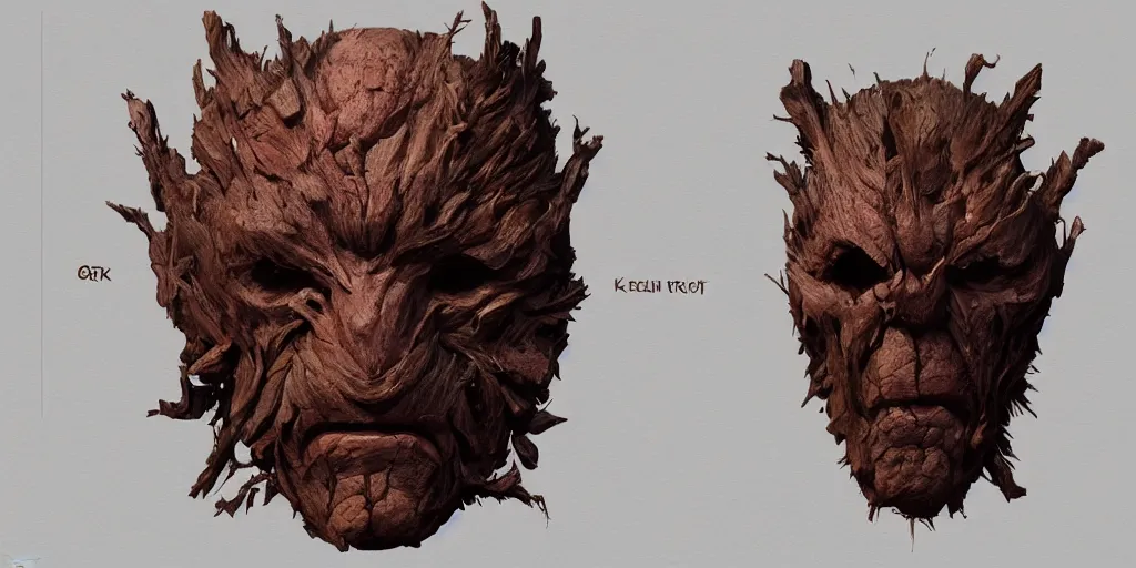 Image similar to wood and flesh mask design, character sheet, Moebius, Greg Rutkowski, Zabrocki, Karlkka, Jayison Devadas, Phuoc Quan, trending on Artstation, 8K, ultra wide angle, zenith view, pincushion lens effect.