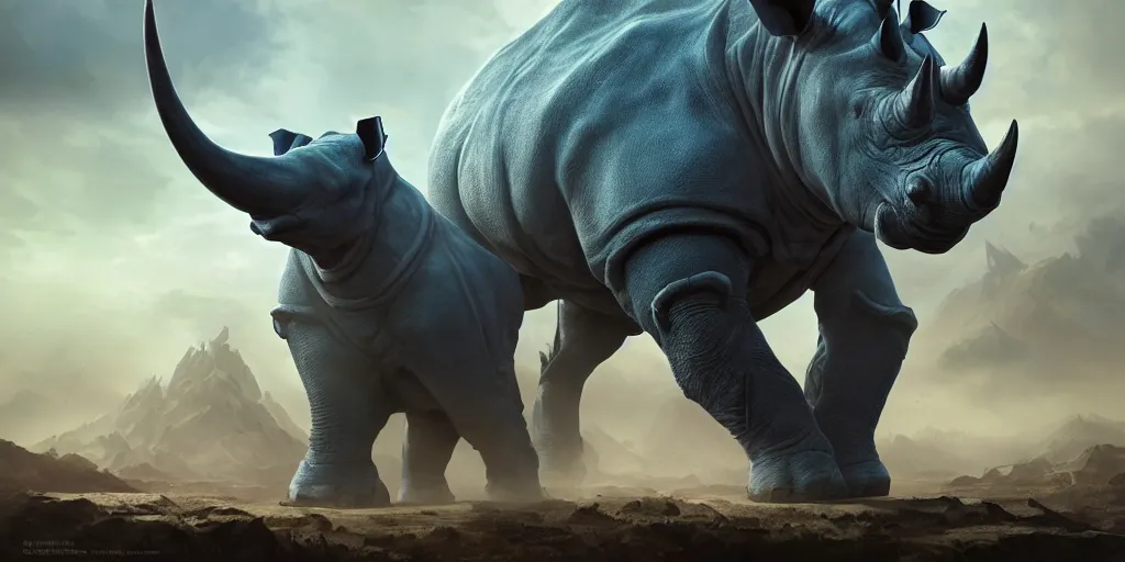 Image similar to an anthropomorphic blue Rhinoceros wearing plate paladin armor, forward facing angle, stunning 3d render , art by Tooth Wu and beeple and greg rutkowski and artgerm and justin gerard, dim volumetric lighting, 8k octane beautifully detailed render, post-processing, extremely hyperdetailed, intricate complexity, epic composition, grim yet sparkling atmosphere, masterpiece, trending on artstation