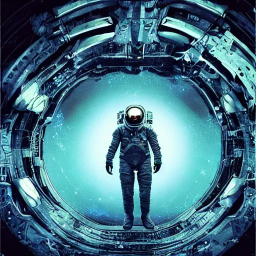 Image similar to concept art by craig mullins astronaut in futuristic dark and empty spaceship underwater. infrared complex and hyperdetailed technical suit. mandelbulb fractal. reflection and dispersion materials. rays and dispersion of light. volumetric light. 5 0 mm, f / 3 2. noise film photo. flash photography. unreal engine 4, octane render. interstellar movie art