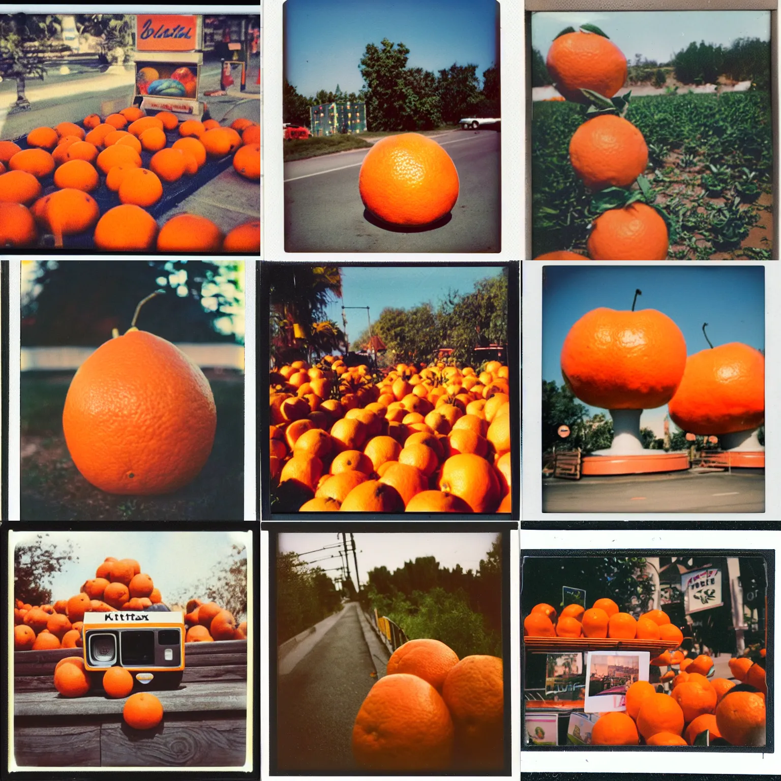 Prompt: instax polaroid film photo of the world's largest orange fruit roadside attraction, kitschy tourist trap, nostalgia, faded glow, expired film analog photography