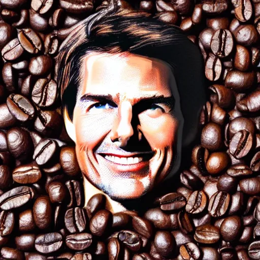 Image similar to tom cruise portrait recreated with coffee beans on a white surface, 8K, detailed, product photo