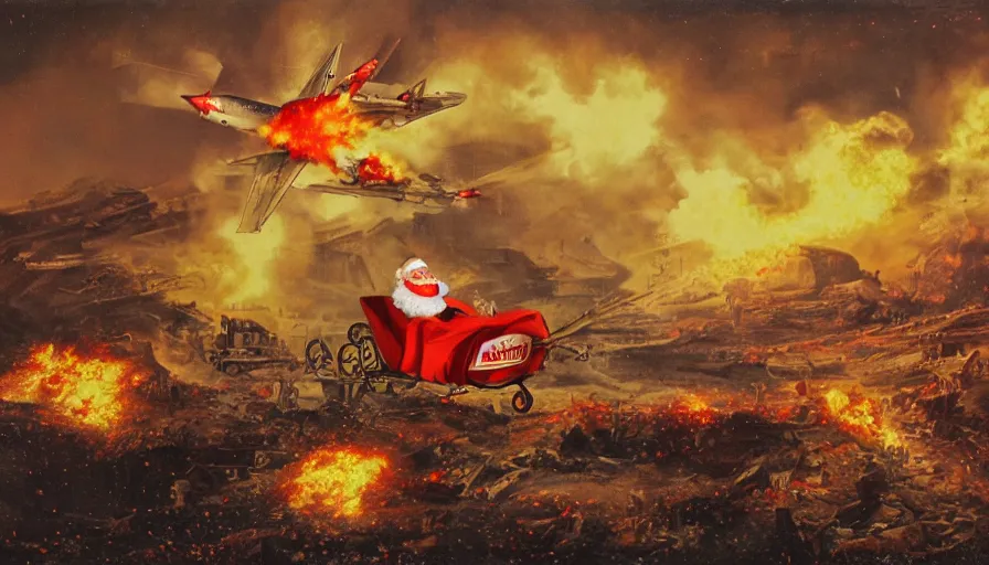 Prompt: santa claus sleigh being shot down by a surface to air missile, fiery explosion, matte painting, hard edges, masterpiece, impressive detail