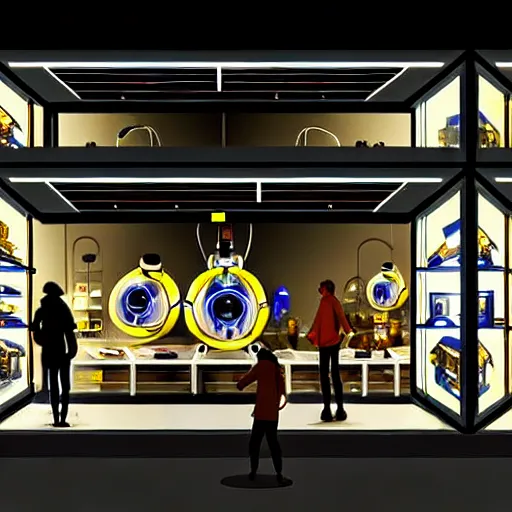 Prompt: inside a robotic shop store directly looking at a display case in The City of Lisbon at night with a few customers, extreme plus resolution scifi concept art, intricate details to everything visible, sharp lighting, strong emphasis on alphonse mucha, Makoto Shinkai