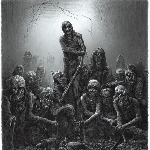 Prompt: 9 steel barrels in a cemetery of zombies, creepy atmosphere, dark, portrait, realistic, illustration by gustave dore