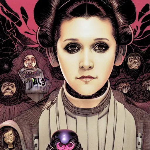 Image similar to portrait closeup of crazy princess leia, symmetrical, by yoichi hatakenaka, masamune shirow, josan gonzales and dan mumford, ayami kojima, takato yamamoto, barclay shaw, karol bak, yukito kishiro