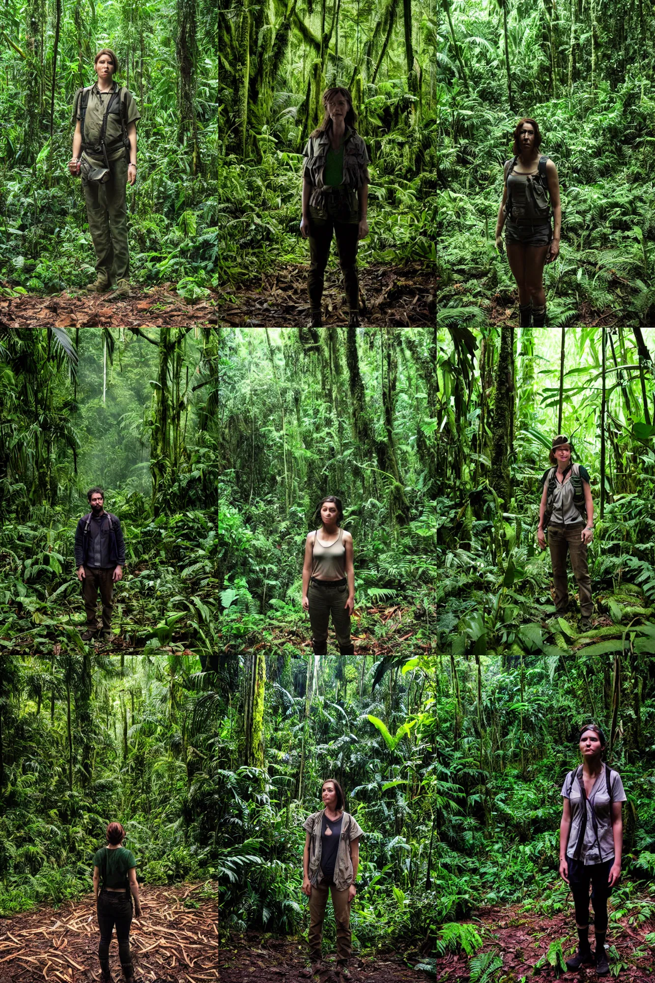 Prompt: a human researcher standing in the rainforest, post - apocalypse, cinematic