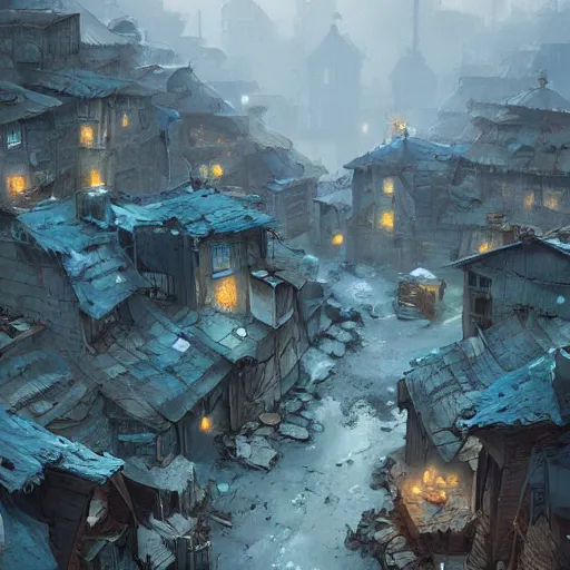 Image similar to smurf village as slums, greg rutkowski, detailed,