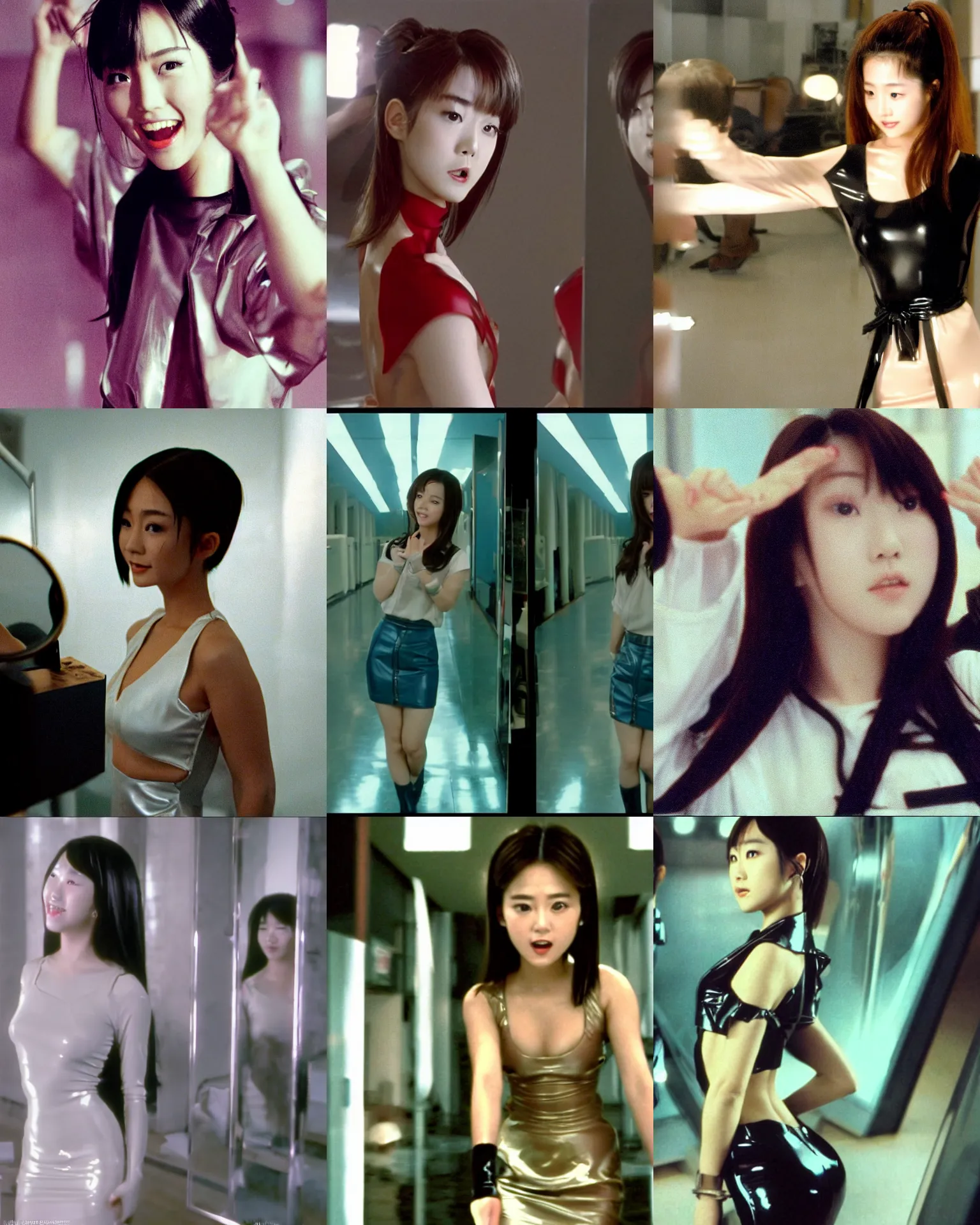 Image similar to Worksafe,clothed.1990s,unbelievably beautiful,perfect,dynamic,epic,cinematic movie shot of a close-up japanese beautiful cute young J-Pop idol actress girl in latex dress,reflected in giant mirror,expressing joy and posing.By a Chinese movie director.Motion,VFX,Inspirational arthouse,high budget,hollywood style,at Behance,at Netflix,Instagram filters,Photoshop,Adobe Lightroom,Adobe After Effects,taken with polaroid kodak portra