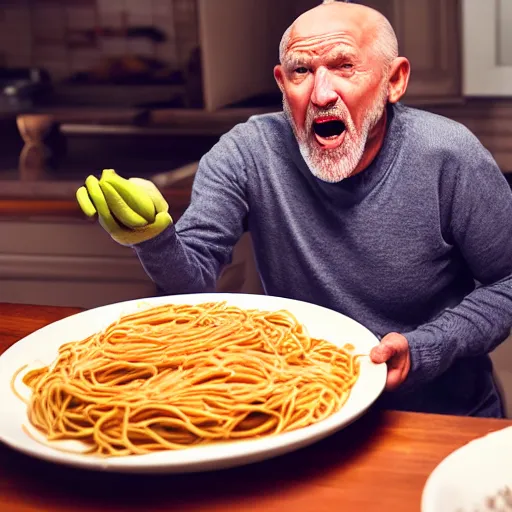 Prompt: a old man yelling at a plate of spaghetti