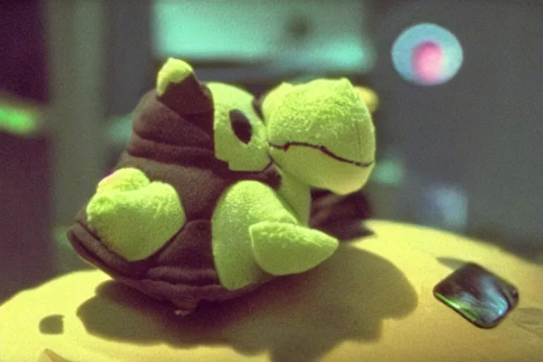 Image similar to cute turtle plushie in cyberspace, in 2 0 5 5, y 2 k cybercore, industrial low - light photography, still from a ridley scott movie