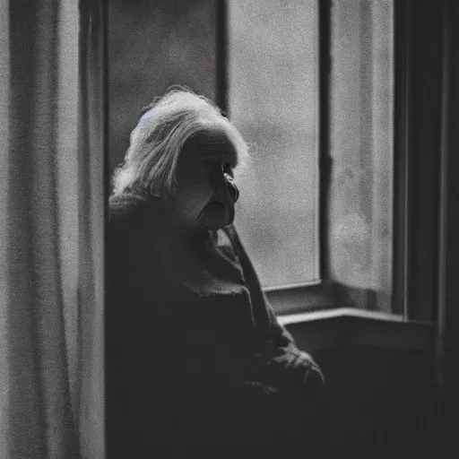 Image similar to black and white photograph portrait of a depressed beautiful old woman standing by the window, natural light, lomo, fashion photography, film grain, soft vignette, sigma 85mm f/1.4 1/10 sec shutter