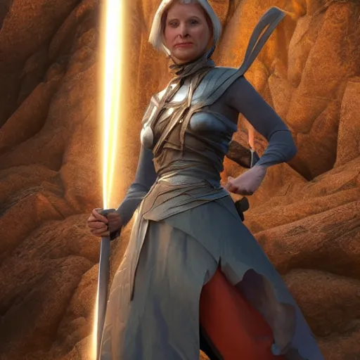 Image similar to a woman with a sword standing in front of a mountain, a character portrait by René Auberjonois, trending on cgsociety, photorealism, reimagined by industrial light and magic, #vfxfriday, anamorphic lens flare