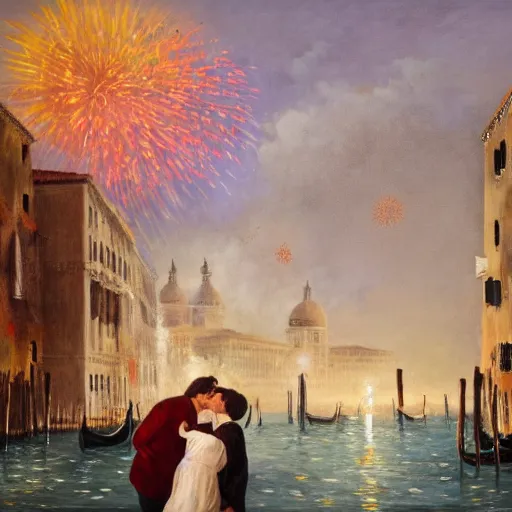 Image similar to an oil painting of couple kissing, in a background fireworks in venice