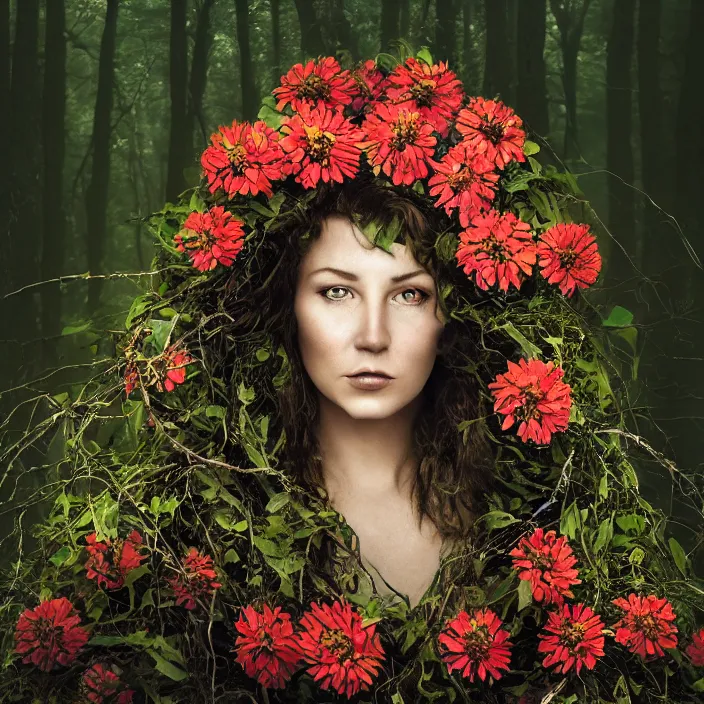 Prompt: closeup portrait of a woman wearing a hooded cloak made of zinnias and barbed wire, in a dark forest, by David LaChapelle, natural light, detailed face, CANON Eos C300, ƒ1.8, 35mm, 8K, medium-format print