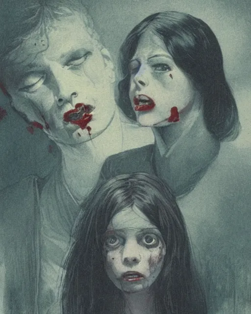 Prompt: a beautiful and eerie pulp illustration of two beautiful but creepy siblings wearing oxford shirts in layers of fear, with haunted eyes and dark hair, 1 9 7 0 s, seventies, wallpaper, a little blood, morning light showing injuries, delicate embellishments, painterly, offset printing technique, by brom, robert henri, walter popp