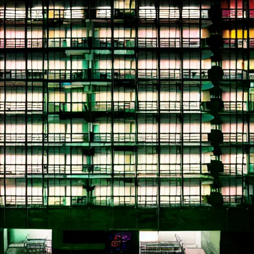 Image similar to A cyberpunk building at night, it functions as an appartment building, Neon japanese signs