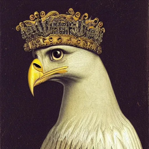 Image similar to a renaissance style portrait of a Bonelli's eagle (Aquila fasciata) wearing a crown and a cape, dark background