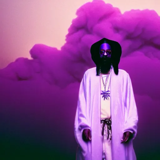 Prompt: snoop dogg dressed as gandalf with a long white bird exhaling a huge cloud of magical purple smoke in the synthwave shire, Japanese CGI, VFX, 2003, 40mm lens, shallow depth of field, film photography, volumetric lighting