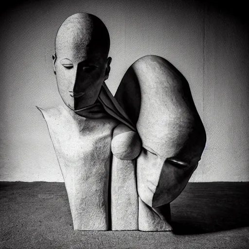 Image similar to surrealism sculpture by enrico ferrarini, faces of the double shadow