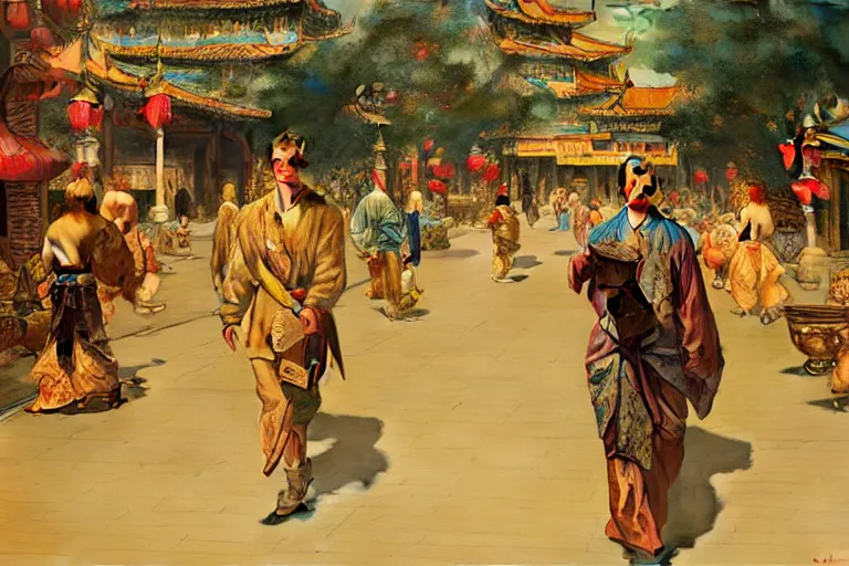 Image similar to tang dynasty city, painting by gaston bussiere, craig mullins, j. c. leyendecker, tom of finland