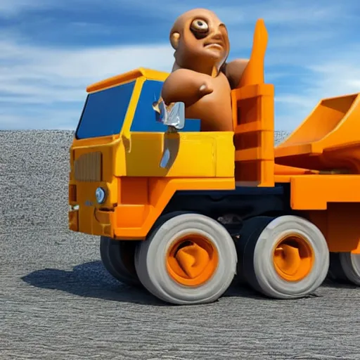 Prompt: dumptruck with a human head