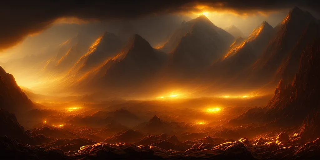 Image similar to epic cinematic background for a movie about ancient gold, dynamic light, mountains of metallic gold coins, cinematic, cinematic light ,detailed, dark, ancient, moody, dramatic atmosphere, artstation, beautiful, intricate details, interesting shot, digital painting,