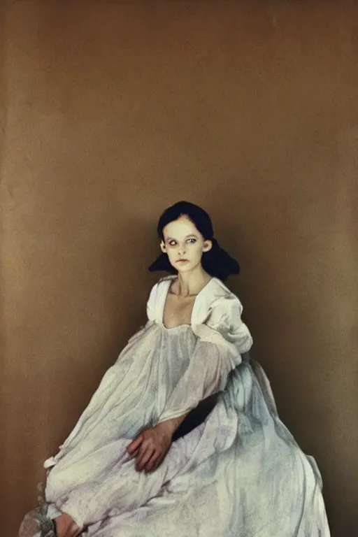 Prompt: hyperrealism fashion portrait girl in a ballet dress sits on a silk cloth by Roversi photo from The Holy Mountain by Alejandro Jodorowsky in style of Francisco Goya