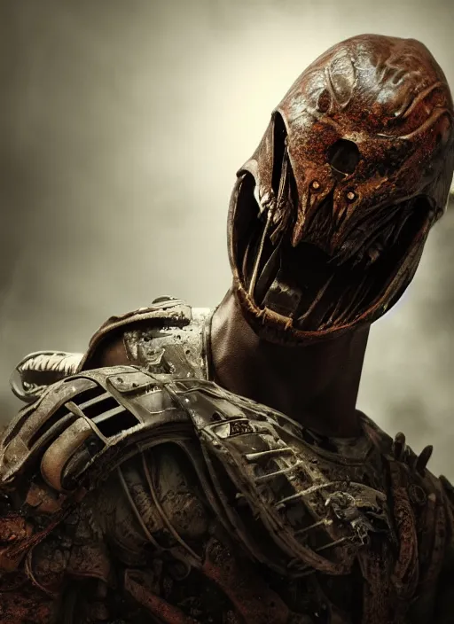 Image similar to a photorealistic dramatic hyperrealistic render of predator the alien hunter, ultra realistic details, well worn, rust, oil stains designed by vitaly bulgarov and mike nash, beautiful dramatic dark moody tones and lighting, cinematic atmosphere, studio lighting, global illumination, shadows, dark background, octane render, 8 k