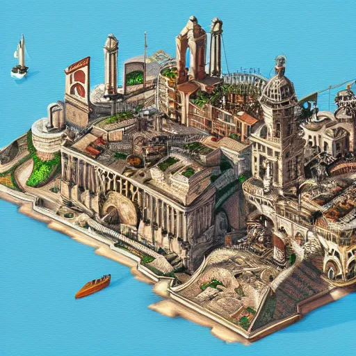 Prompt: Italian renaissance inspired steampunk coastal city, axonometric exploded view, high detail, 8k, photorealistic