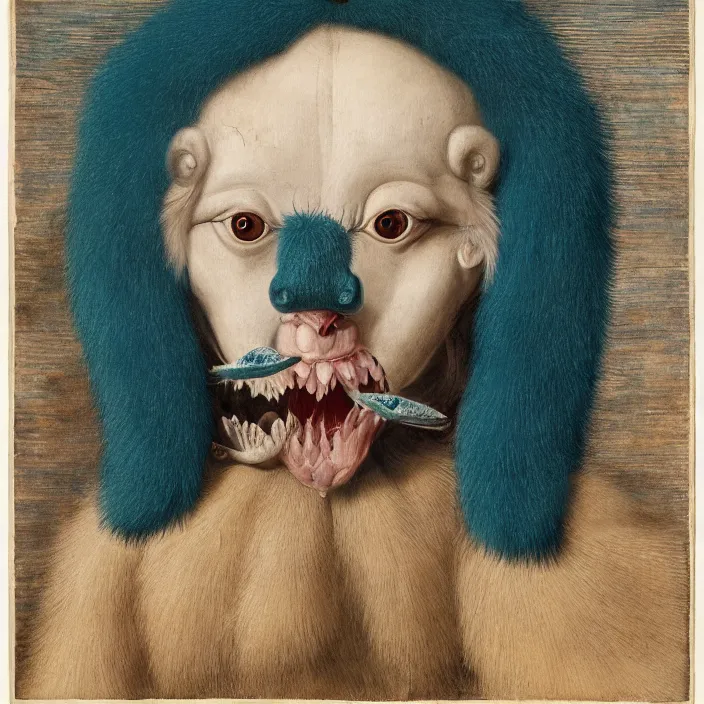 Image similar to close up portrait of a mutant monster creature with white fluffy moth pouf, exotic lily ears, delicate blue conch corns, snout. by jan van eyck, walton ford