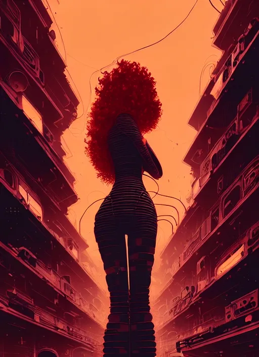 Prompt: highly detailed portrait of sci - fi long curly fire hair lady, stray wiring by atey ghailan, james gilleard, by joe fenton, by greg rutkowski, by greg tocchini, by kaethe butcher, 4 k resolution, gradient red, orange, black and white color scheme!!! ( ( flaming robotic dystopian city spiral background ) )