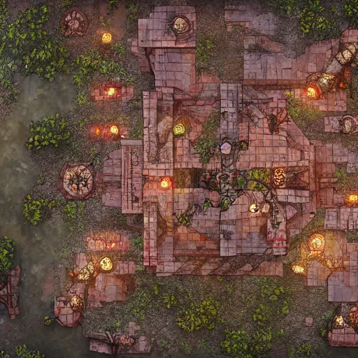 Image similar to a topdown battlemap from 9 0 degrees angle of a medieval town alley, special areas marked with transparent red colour, dnd encounter, dawn, dark fantasy, extremely detailed, no people, photorealistic, octane render, 8 k, unreal engine 5. art by artgerm and greg rutkowski and alphonse mucha