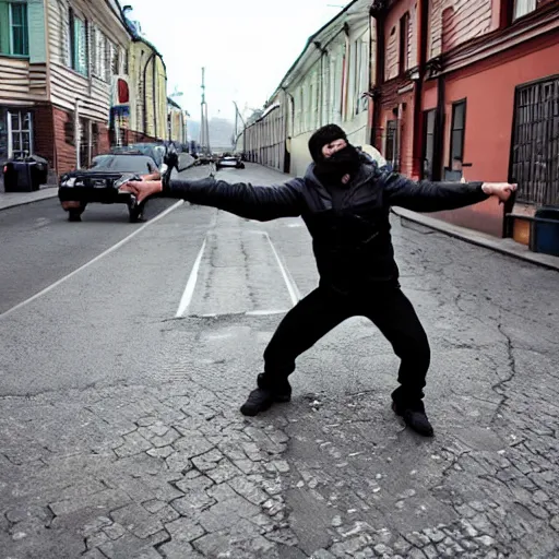 Prompt: A russian thug squating in the street