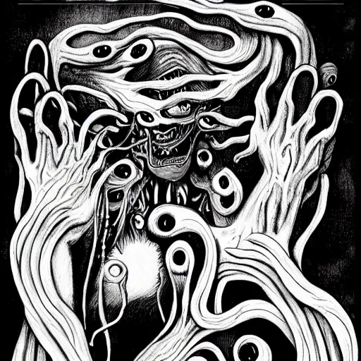 Prompt: black and white illustration creative design, monster, junji ito, body horror