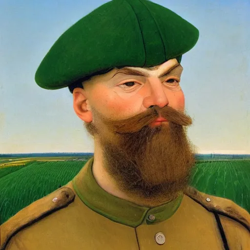 Image similar to soldier of slavic appearance with a white beard, white mustache, white hair in a green cap, green camouflage, in black trousers against a blue sky and wheat fields in the style of andrei riabovitchev, realism, portrait