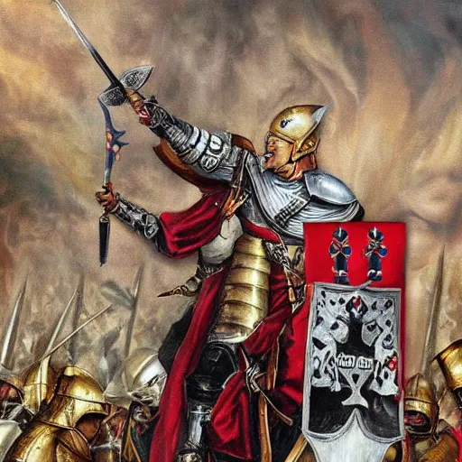 Image similar to trump as a knight, in war, bloody, crusader times, epic painting, photo realistic