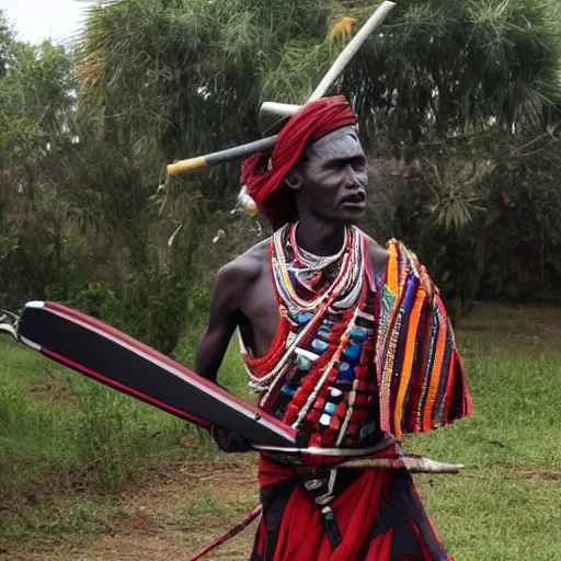 Prompt: a masai warrior with an ironing board for a shield
