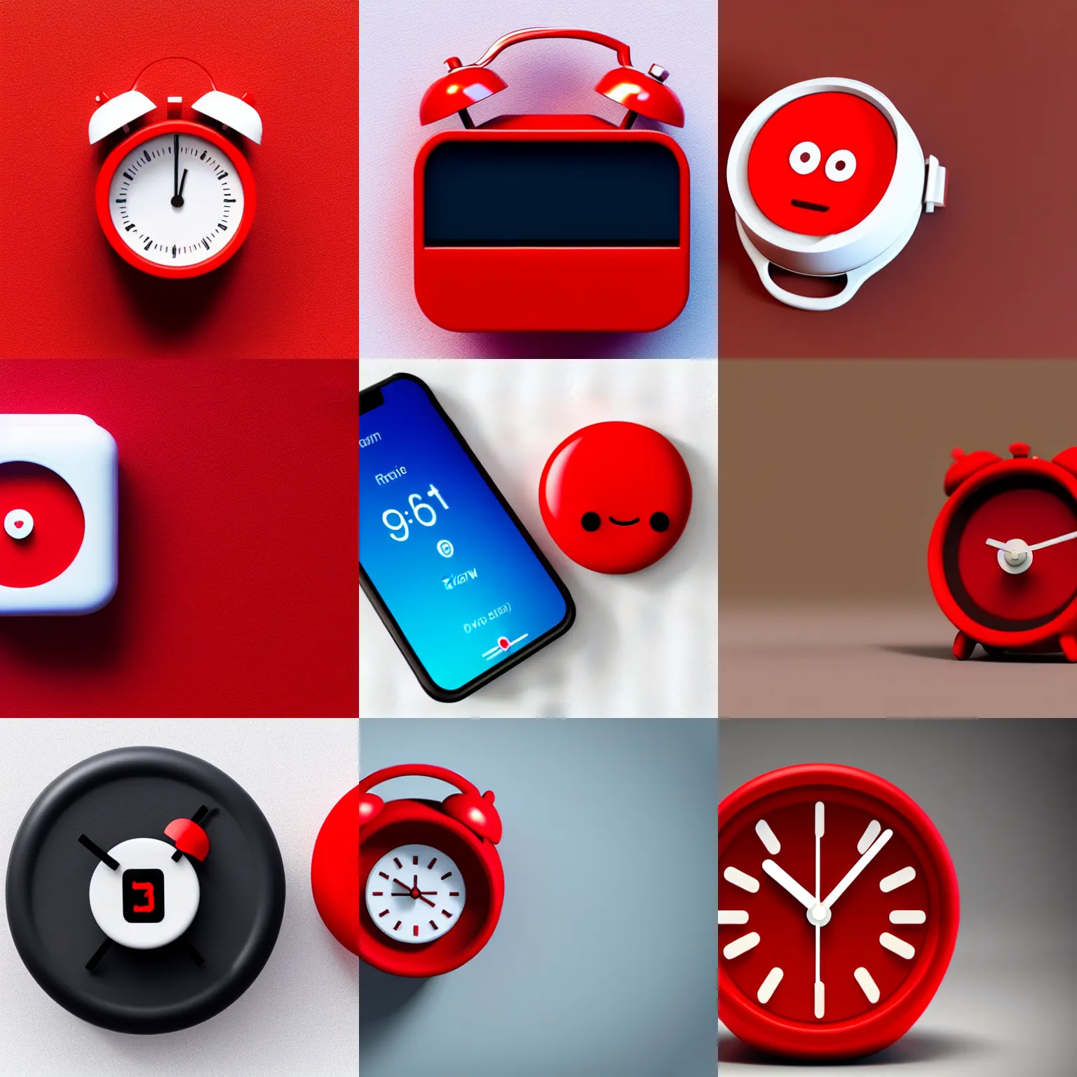 Image similar to Very tiny red alarm clock that looks like the iOS emoji and has the same colors, 3D clay render, 4k UHD, white background, isometric top down left view, diffuse lighting, zoomed out very far