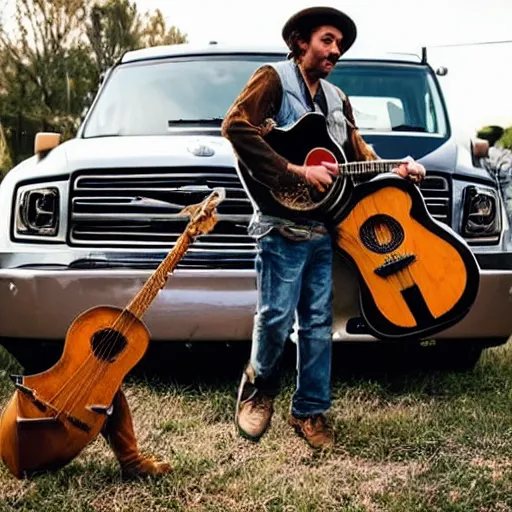 Prompt: A folkpunk brown hound dog playing the banjo in front of a pickup truck