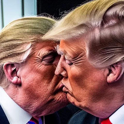 Image similar to telephoto candid cropped photo of trump kissing putin, zeiss 1 5 0 mm, sharp focus, natural lighting, ultra realistic, high definition 4 k photo