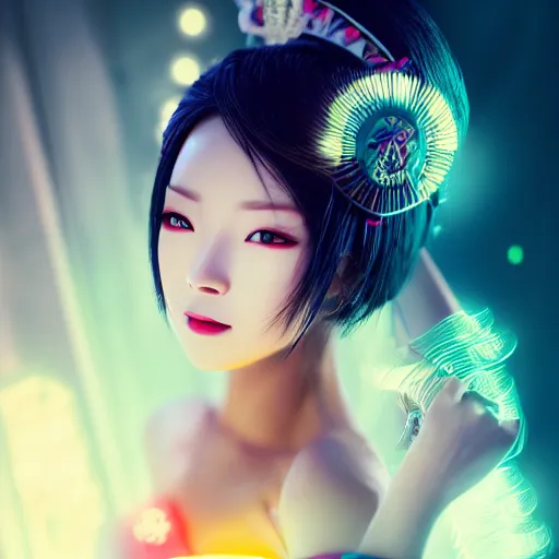Prompt: ! dream a portrait of a beautiful asian cyber geisha, glowing light, hyper - realistic, very detailed, intricate, sexy pose, electronic bikini, slight smile expression, photo realistic, dramatic cinematic lighting, octane render, 4 k, ultra detailed