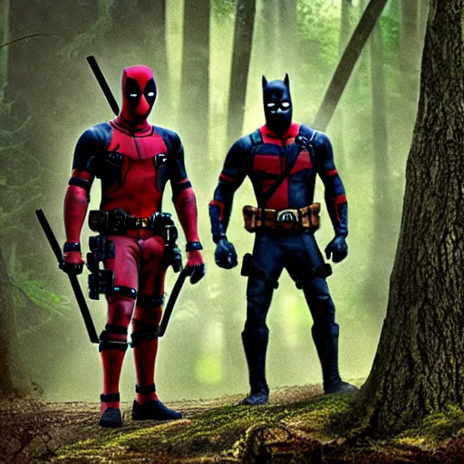 Prompt: deadpool and batman in the woods digital art 4 k detailed super realistic